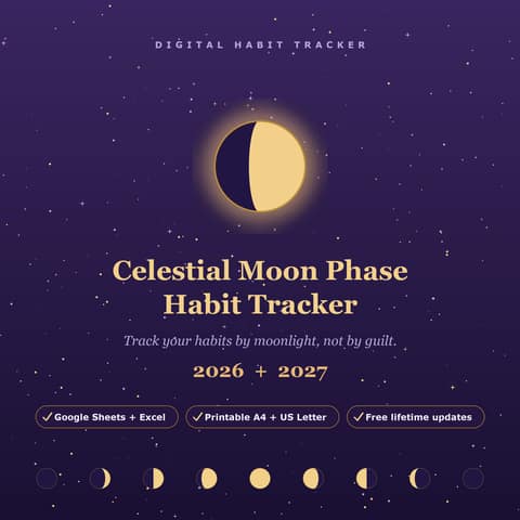 Celestial Moon Phase Habit Tracker cover — a glowing gold-and-violet moon on a deep purple starry background, labeled 2026 and 2027.