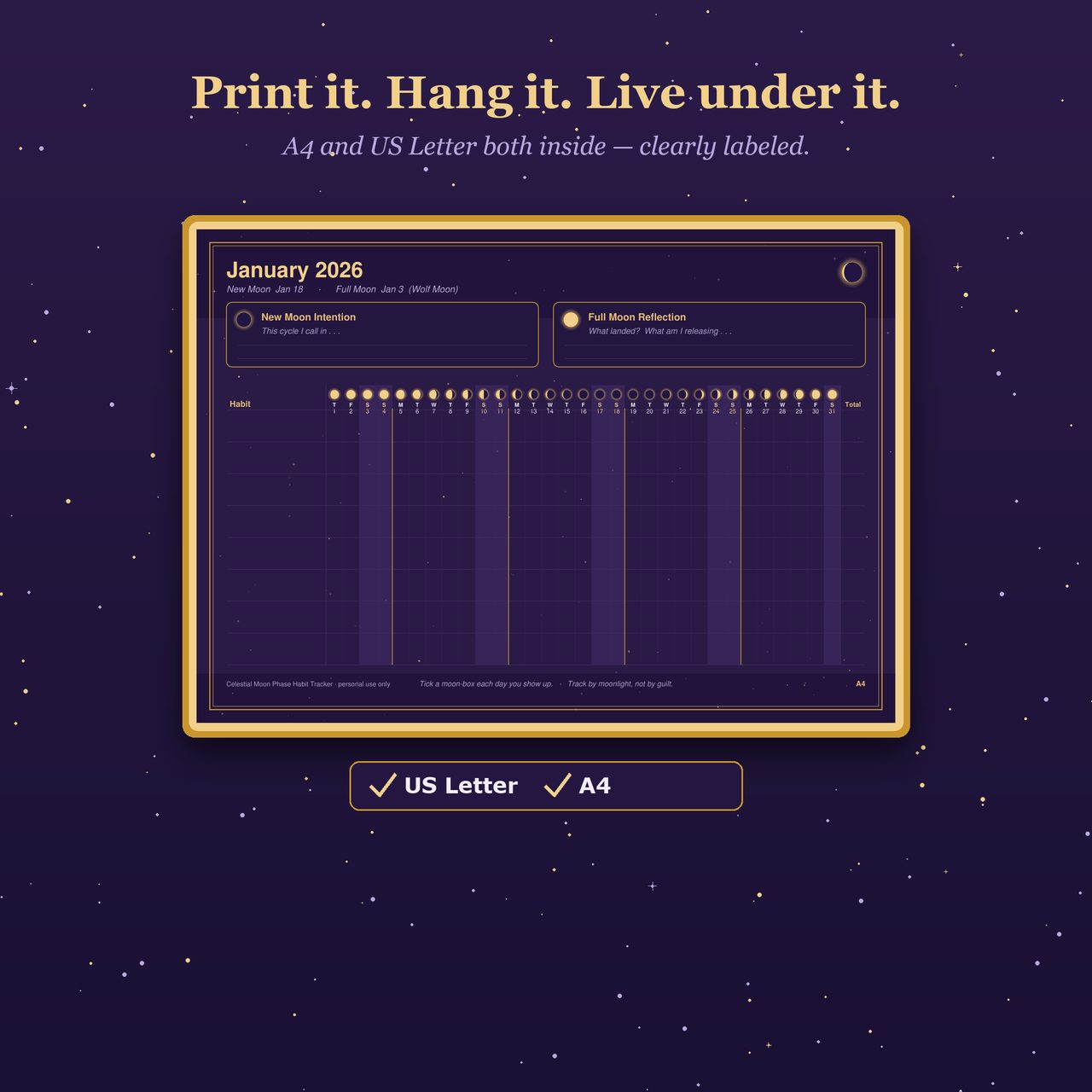 The printable wall version of the moon habit tracker in a gold frame, labeled A4 and US Letter.