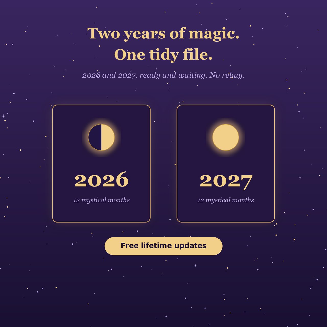 Two glowing tabs labeled 2026 and 2027 with a Free Lifetime Updates badge — both years in one file.
